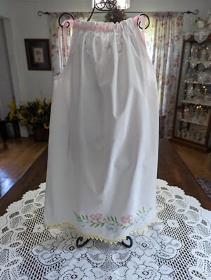 crochet pillowcase dress White Pillowcase Dress Hand Embr w/Floral Garland/Yellow Crochet Trim x  size 4-5