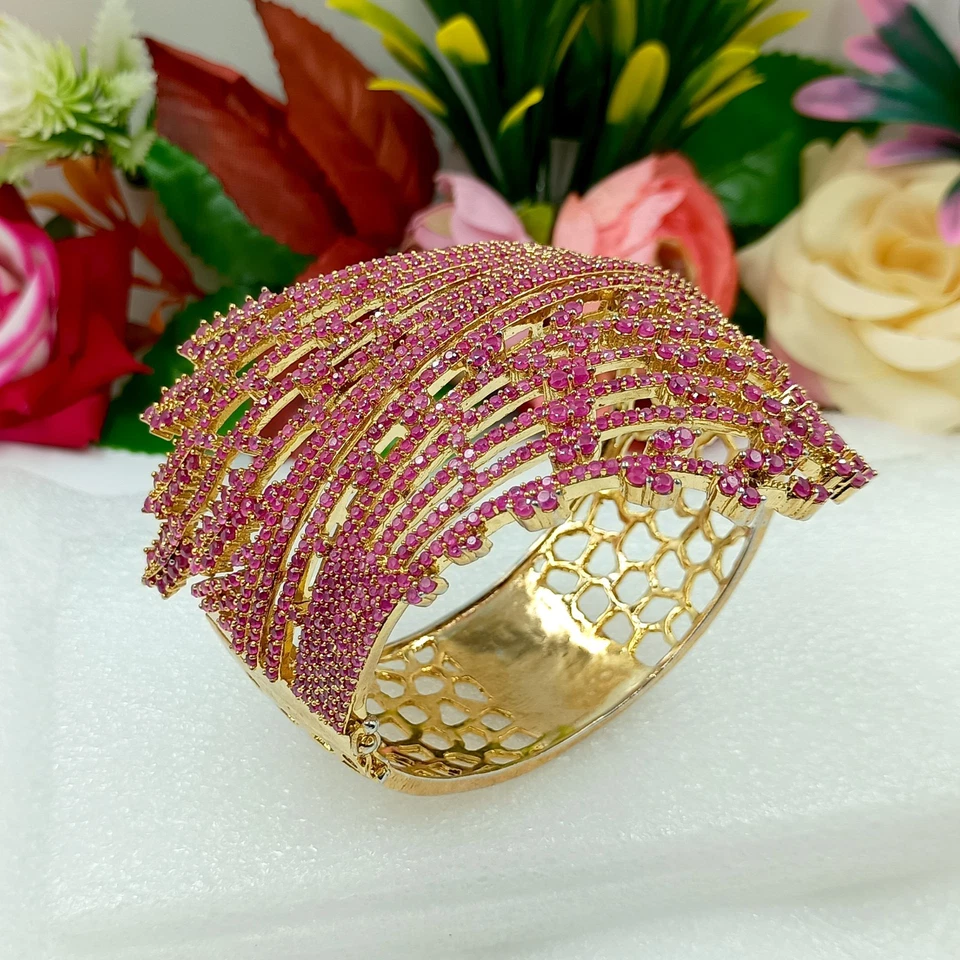 Luxurious Ruby Bangle Bracelet | Gold-Plated Bridal Cuff | Statement Jewelry for - Image 4 of 4