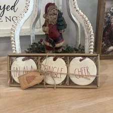 NEW in Box Rae Dunn Round Christmas Ceramic Ornaments "CHEER, FA LA LA & JINGLE"