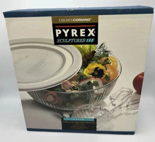 NEW Pyrex Sculptured Clear Salad Bowl w Tongs & White Lid  4.5 qt 1994 USA