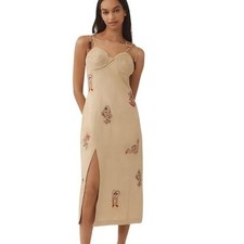 Farm Rio x Anthropologie Embroidered Linen Blend Dress, Beaded, Sz M