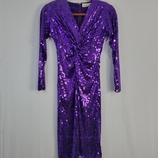 Vintage Oleg Cassini Sequin Knot Front Cocktail Dress sz 4 Purple Long Sleeve