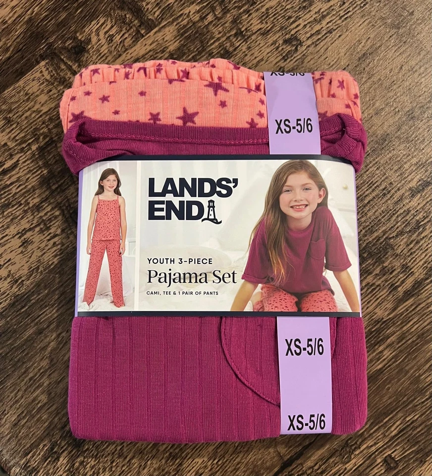 Lands’ End Youth 3 Piece Pajama Set Pink With Stars Size XS 5/6 - Image 3 of 4