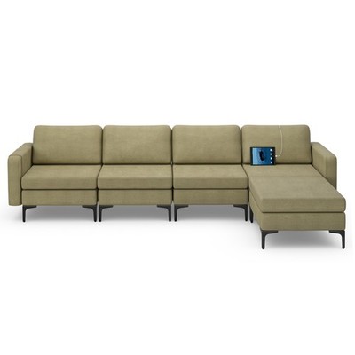 Modular L-shaped Sectional Sofa w/4 Seats&Removable Ottoman &UBS Ports Green