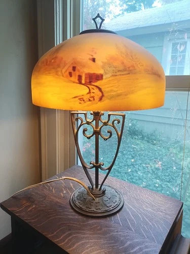 Antique Aladdin Art Deco Reverse Painted Scenic Electric Lamp All Original
