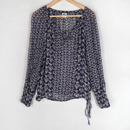 John Robshaw Lucky Brand Blouse One Size Navy Blue Boho Block Print Peasant