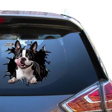 Boston Terrier 3D Car Window Decal Funny Dog Cracked Glass Vinyl Sticker