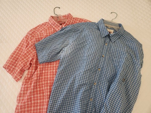2-Simms Fishing Shirt Size XL Blue/Red  Plaid Short Sleeve Pockets Lightweight