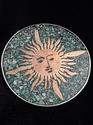 Vintage Sterling Silver Copper Brass Turquoise Pin / Pendant Combo From Mexico