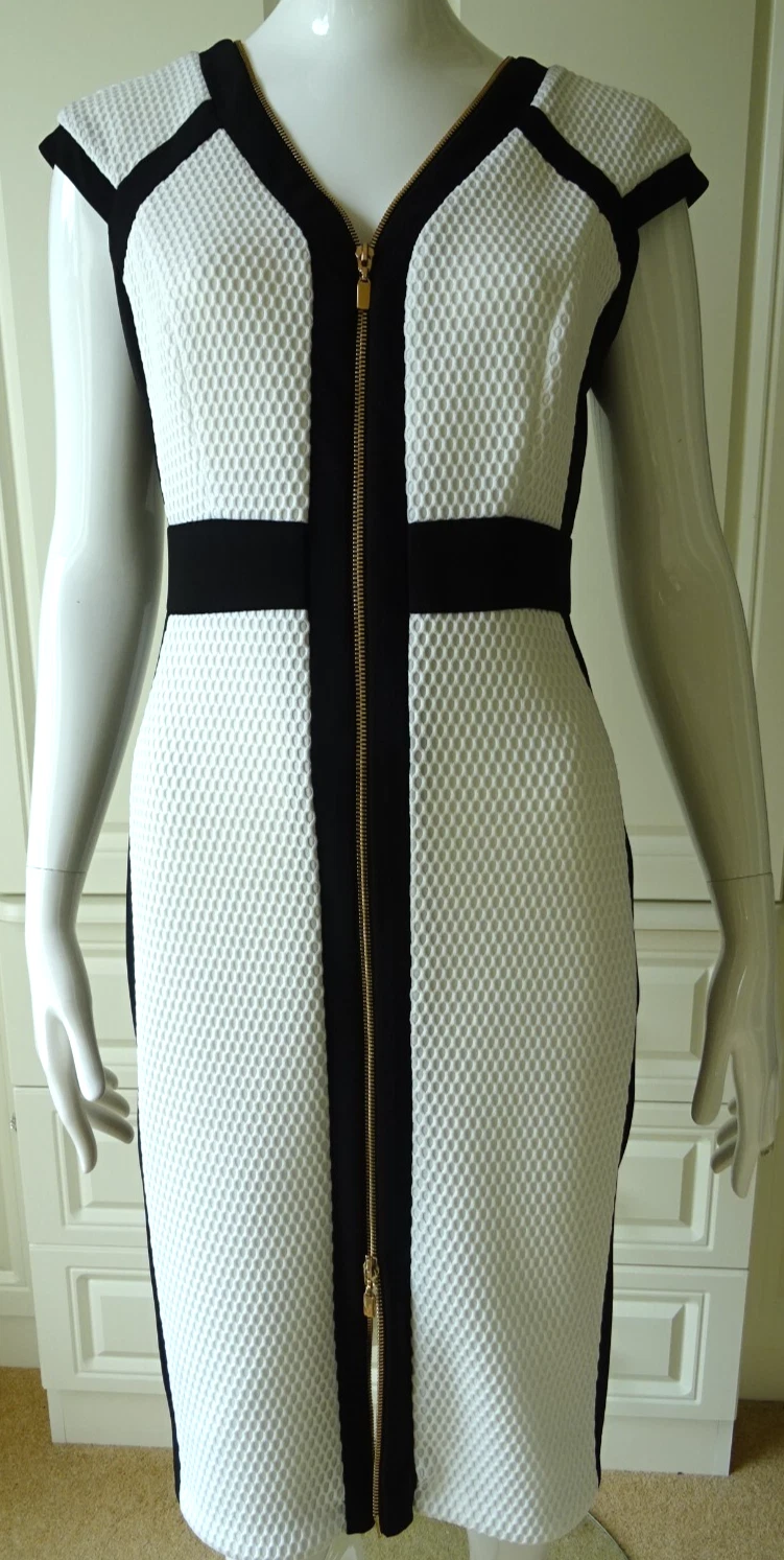 OFF WHITE FRANK LYMAN ABITO BODYCON BIANCO SPORCO E NERO ZIP DAVANTI UK 10