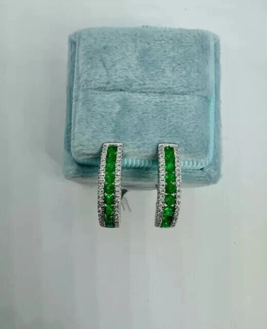 Round Cut Simulated Green Emerald Huggie Hoop Earrings In 14k White Gold Plated - Image 4 of 4