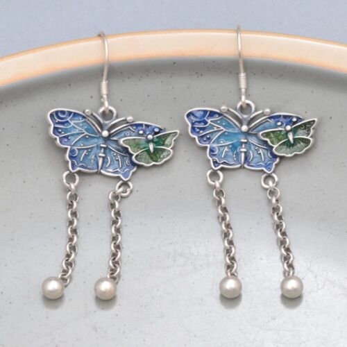 Nuevos pendientes colgantes artesanales de plata de ley S925 para mujer esmalte azul de la suerte mariposa - Imagen 1 de 6
