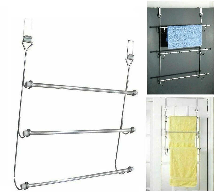 3 Tier Bars Towel Rail Chrome Over The Door Bathroom Hanging Storage Rack  Holder | eBay