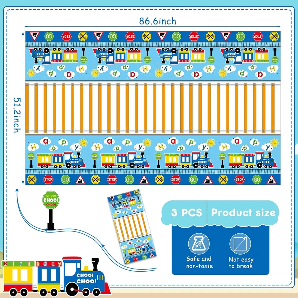 3 peças toalhas de mesa de plástico trem suprimentos para festa de aniversário menino - Imagem 2 de 4