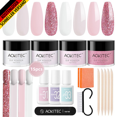 Aokitec 4 Farben Dipping Powder Nails Set, Weiß Rosa Glitzer Dipping Powder Set 