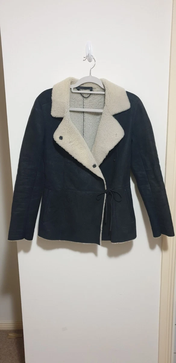 Scanlan Theodore Leather black Shearling Peplum Jacket coat Size 8
