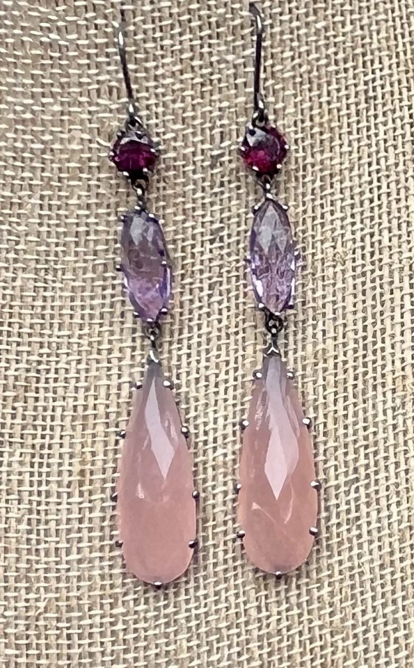 Rhodolite Garnet Amethyst And Rose Quartz Earrings - Image 2 of 4