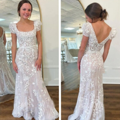 Long Sleeves Wedding Dresses Square Neck Lace Appliques Sweep Train Bridal Gowns