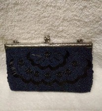 Hand Beaded Purse Vintage Blue/ Black swirl seed beads. Beautiful