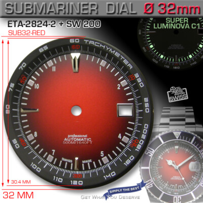 DIAL RED SUBMARINE, APPLIED TACHYMETER RING, ETA 2824-2, SW 200, Ø 32 mm