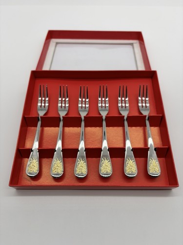 6 Forchette da Cocktail Dansk Silhouette Oro Pino Acciaio Inox Alberi di Natale - Foto 4 di 12