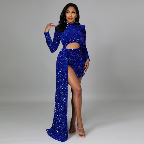 Women Elegant Dress Sequins Long Sleeve Turtleneck Split On Mini Sexy Hollow Out - Picture 15 of 17