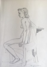 Heinrich Sauermann Kiel Flensbourg Femme Assise Avec Chaise 42X59 Croquis