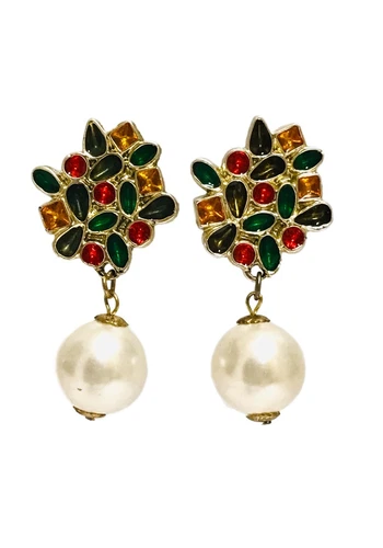 Vintage Earrings Large Clip On Faux Pearl Drop Multi-Color Enamel Dangle Costume