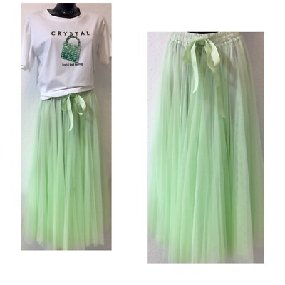 TRENDFARBE MINT ROCK TÜLLROCK PLISSEEROCK 2-lagig MIDI ROCK SKIRT Schleife