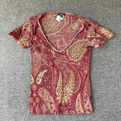 Y2K MNG Mango Mesh Paisley Baby Tee Shirt Juniors Medium M Red Beige