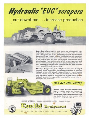 1958 Euclid Equipment Co. Ad: Hydraulic EUC Scrapers Increase Production!