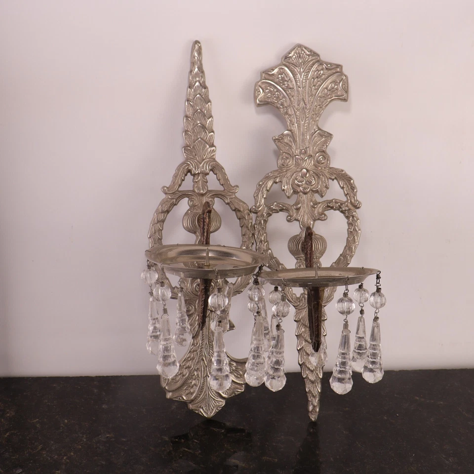 Antique Pair of Silver Plated Candelabra Single Candle Wall Sconce Pendants - Image 2 of 4