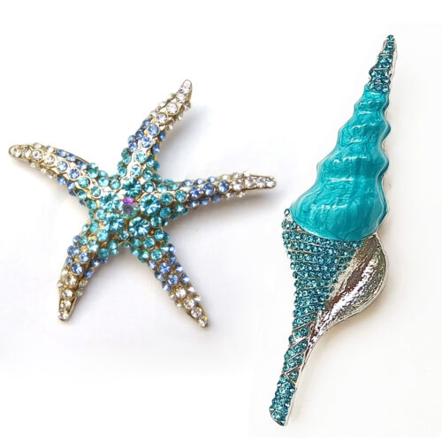 2 pièces broche coquille d'étoile de mer conque bleu argent étoile de mer étincelante épingle plage nautique - Photo 1 sur 8