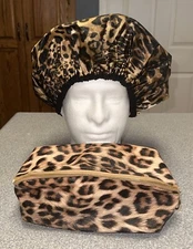 Shower - Bonnet - Cap & Carrying - Makeup Bag Set Leopard Adjustable Sleep Cap