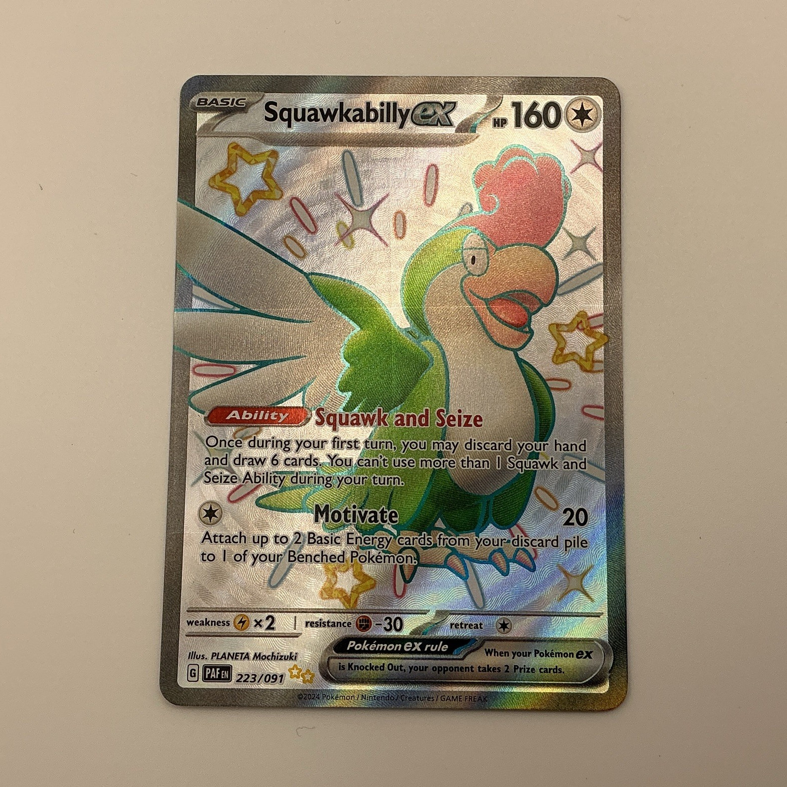 Pokemon TCG Squawkabilly ex 223/091 SV Paldean Fates Full Art Shiny UR Holo