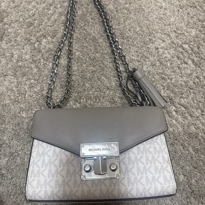Michael Kors Small Gray/White Logo Crossbody Bag Silver Chain, Push Lock