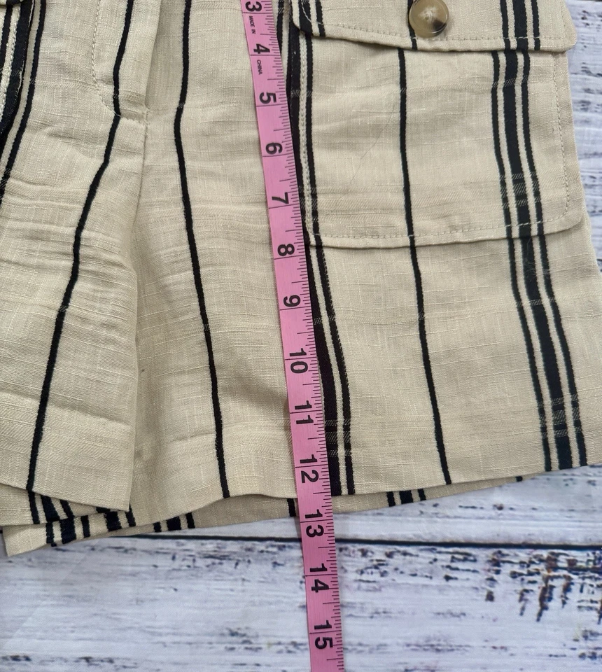 Pantalones Cortos Informales Tory Burch Edna Frente Plano Tiro Alto Lino a Rayas Talla 8 Beige Foto 2 de 4