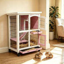 2 Tray Wooden Hamsters Cage, Weatherproof Hamsters House for Small Animal, Pink