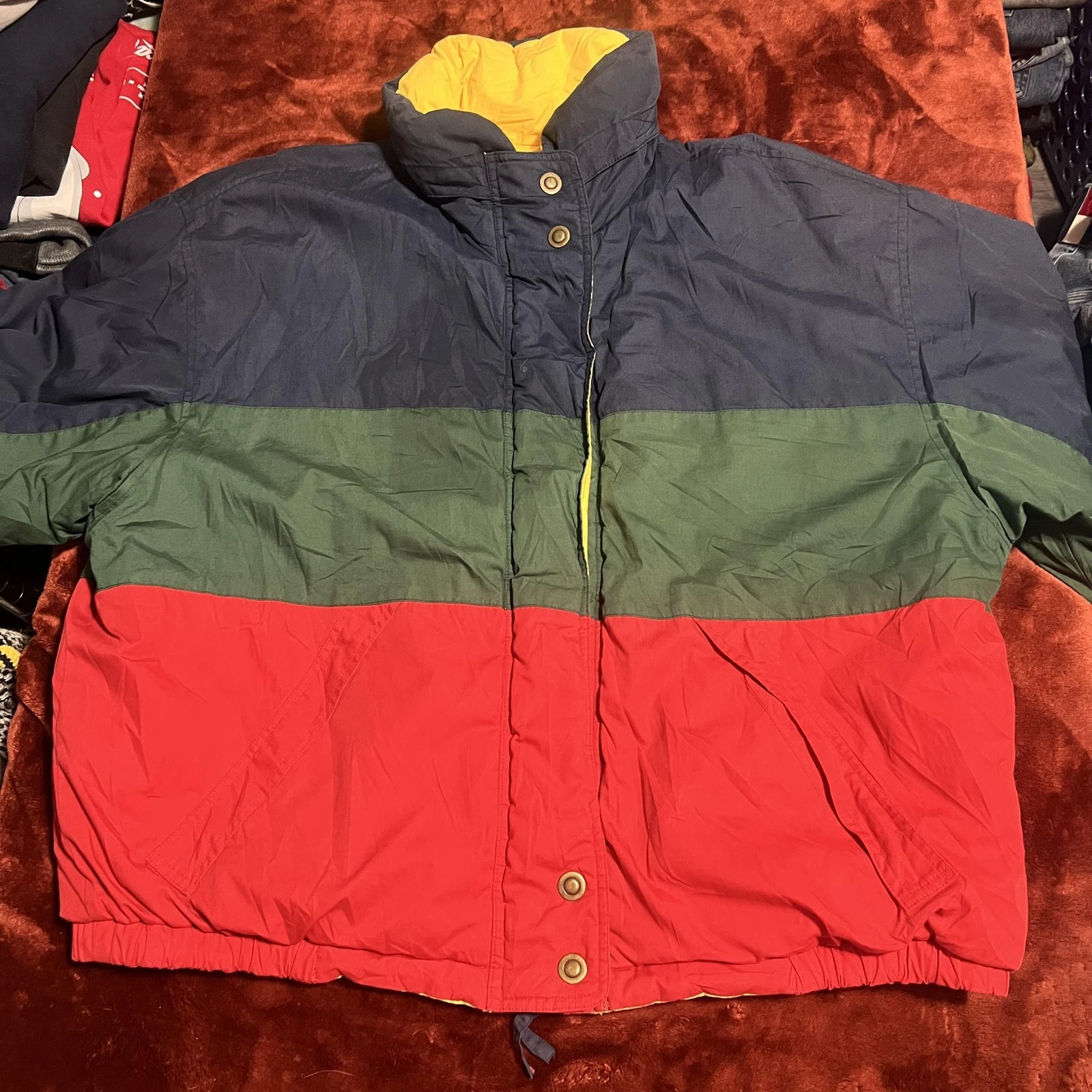 Colorblock Reversible Jacket Mens Large Yellow Navy Ski Puffer Hooded Coat
