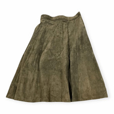 VINTAGE Women  s Olive Green Suede Leather A-Line Midi Skirt Size Medium