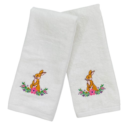 Luxury Easter Spring Terry Hand Towels: Ivory Towel with Embroidered Bunny Ra...