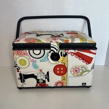 Vintage Sewing Basket Storage Box Nostalgic LG Padded Magnetic Snap