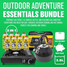 3 IN 1 OUTDOOR CAMPING STARTER KIT GAS STOVE PLUS 8 GAS BOTTLES & 2.5L KETTLE