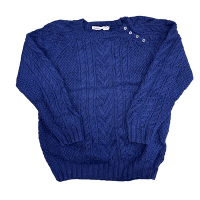 Talbots Damen Strickpullover dunkelblau 100% Wolle Rundhals Zopfmuster Medium