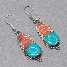 Tibetan Turquoise Red Coral Handmade Ethnic Nepali Jewelry Earrings 2.3" SR 5442