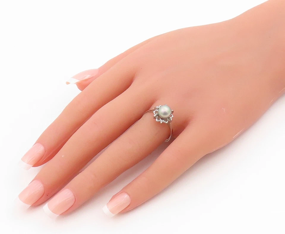 925 Sterling Silver Vintage Ring Minimalist Pearl Floral Outline  Sz 8  RG34239 - Image 3 of 4