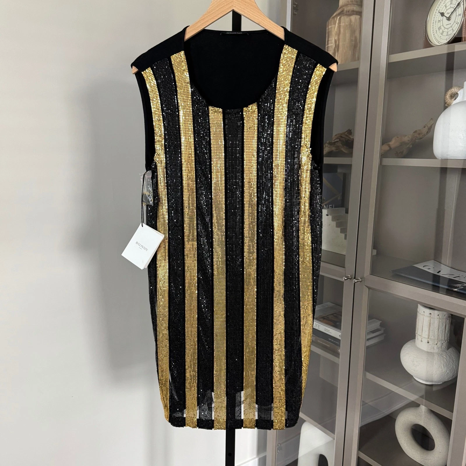 Balmain — Balmain Black Jersey Knit Gold Black Paillette Embellished Mini Dress 38 NEW