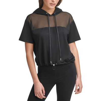 NWT DKNY Sport Womens Black Mesh-Trim Hooded Lightweight Pullover Top Size L
