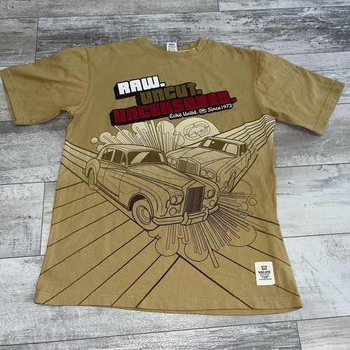 Vtg K2K Ecko Unltd Raw Uncut Uncensored AOP Graphic Shirt Size L Tan Brown