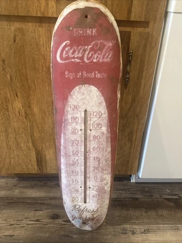 Vintage Original Coca Cola Cigar Thermometer Metal Sign WORKS USA RARE 30”x8”